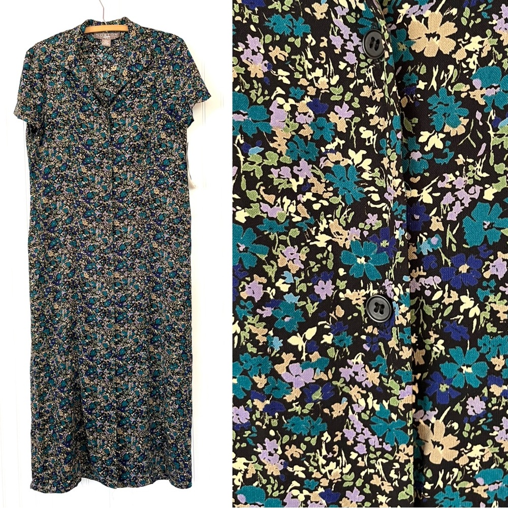 Vintage 90s Floral Maxi Dress Button Down Blue Flower Purple Flowy Petite Large